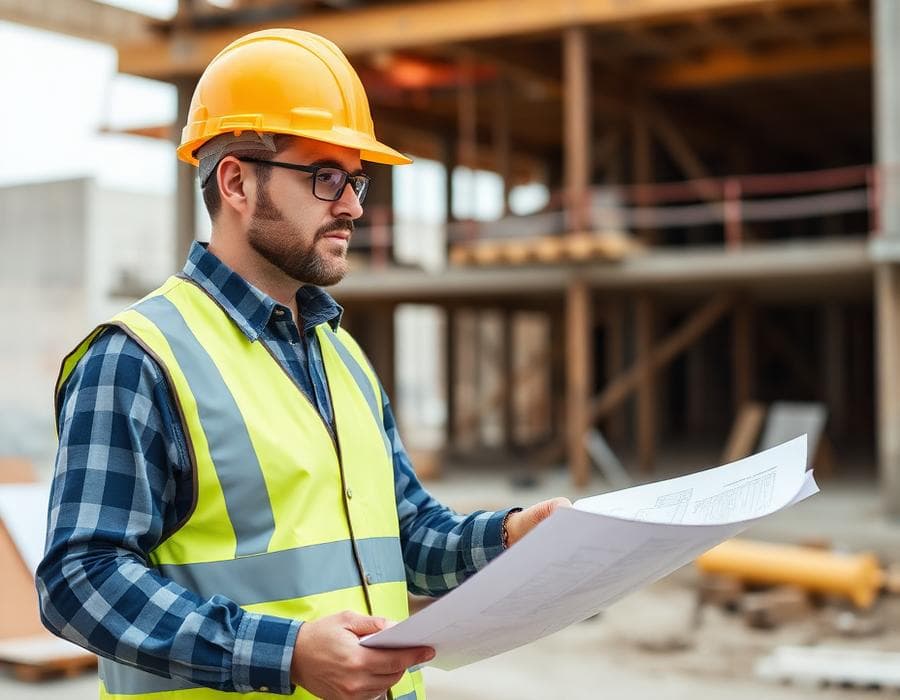 Engineer reviewing blueprints